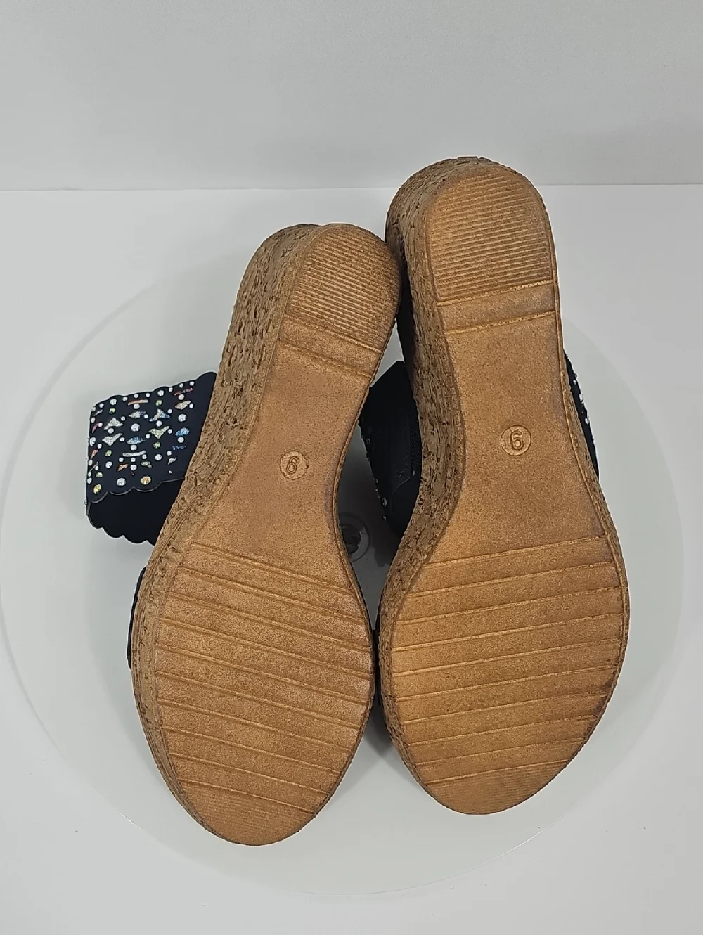 NIB Onex Oppal Beaded Cork Wedge Slides Rhinestone Laser Cut Navy Blue 9